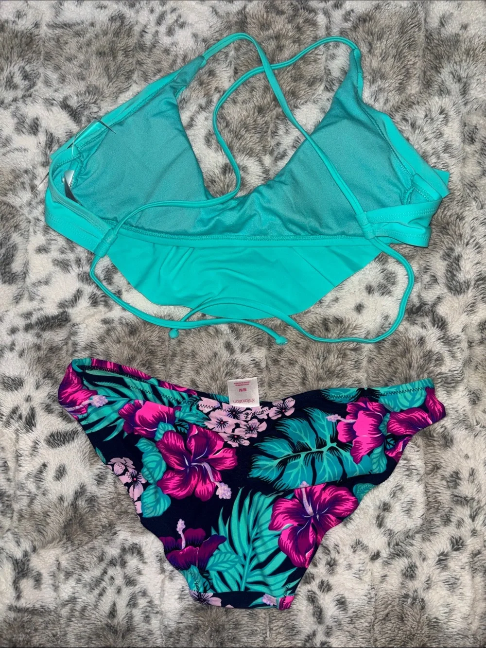 Xhilaration Bikini‎ Bottoms w/Pink & Navy Floral & Turquoise Ruffled Top NWT❗️
